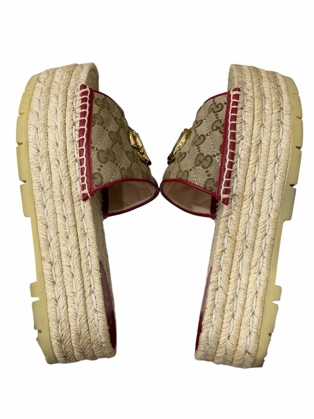 Gucci GG Canvas Platform Espadrille Slide Sandals Beige Red GG Logo EU 37.5
